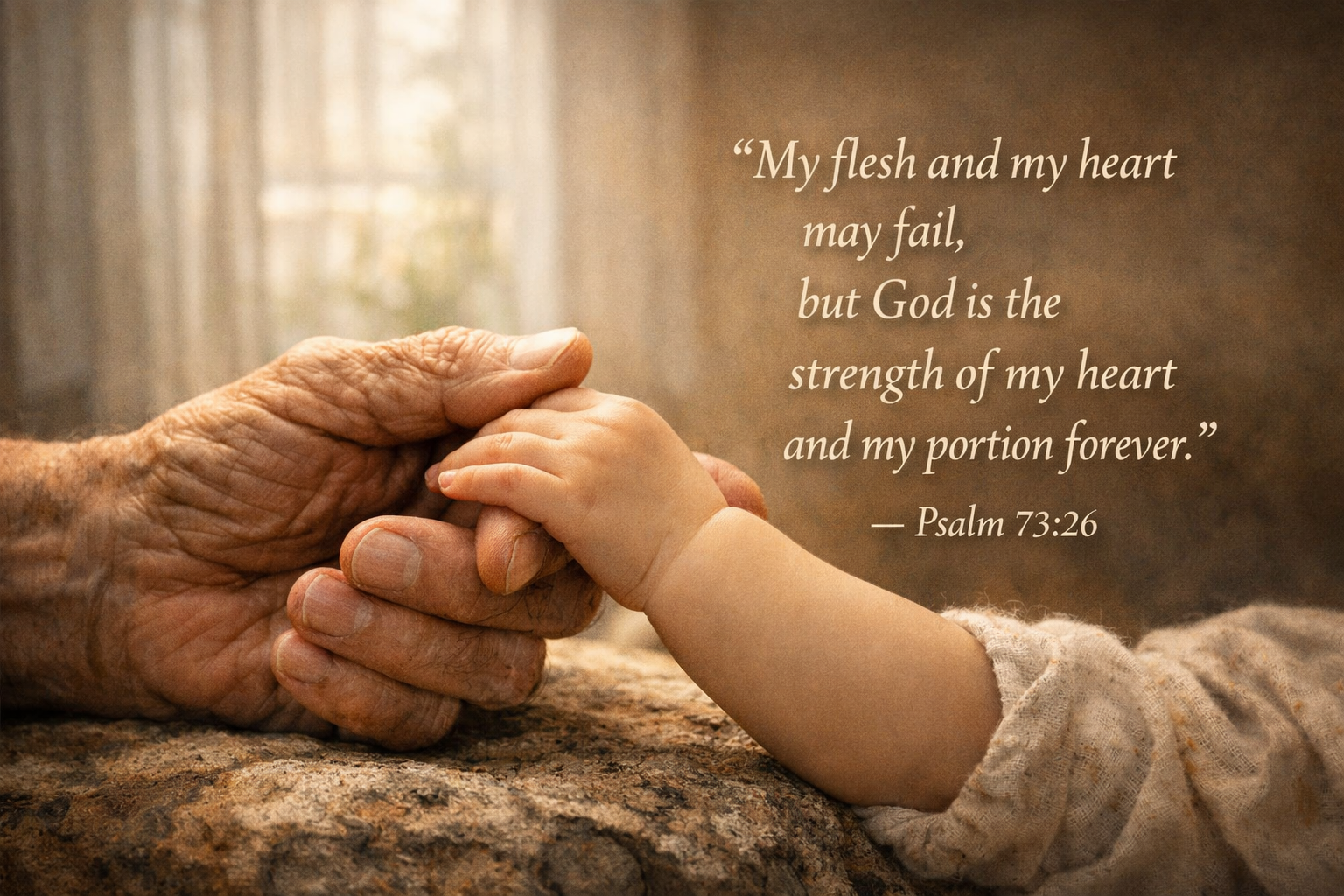 Bible verse wallpaper Psalm 73:26 with grandfather wrinkled hand holding grandchild tiny hand in soft window light